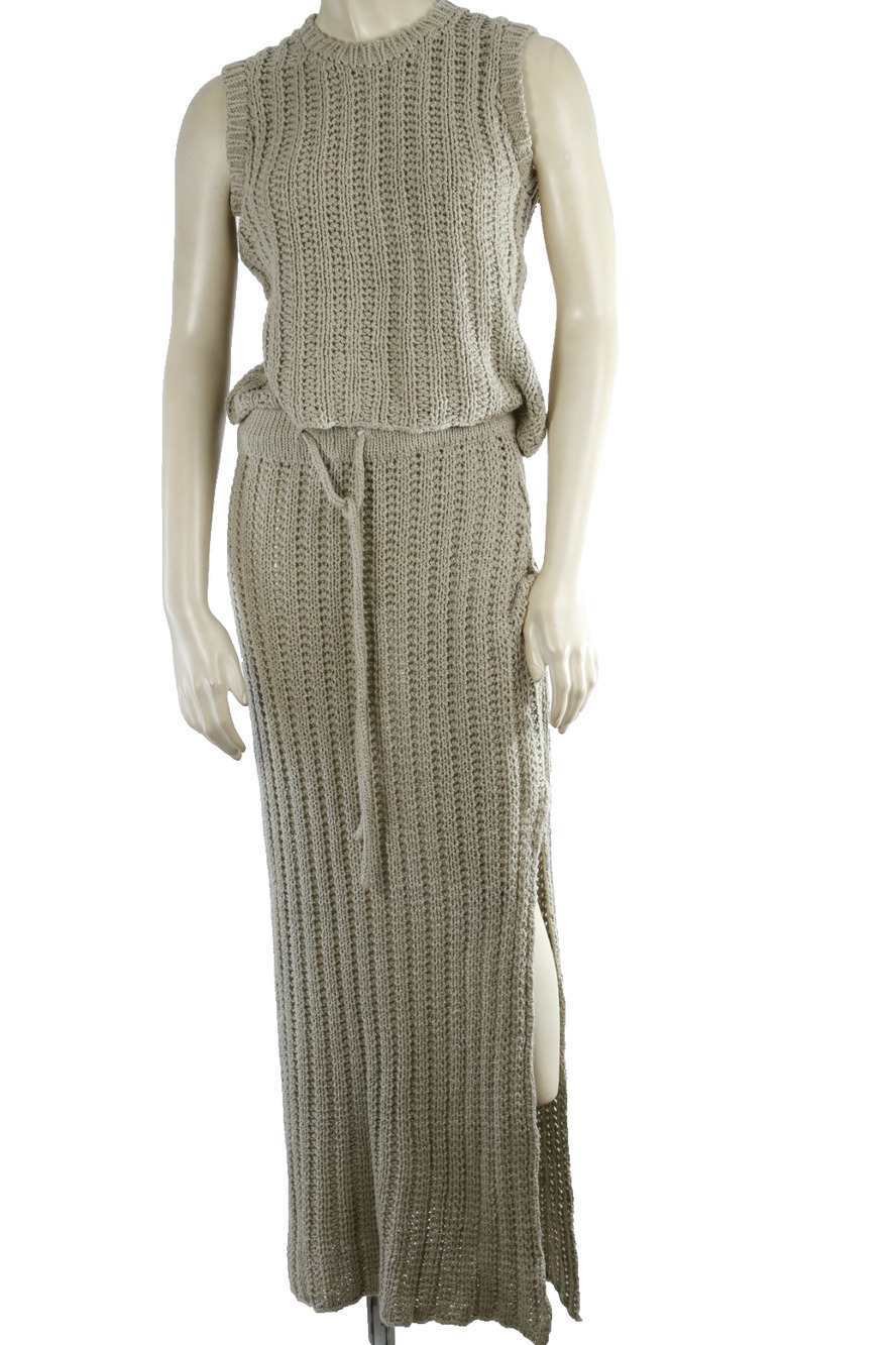 The Elder Statesman Taupe Open Knit Cotton Tank Maxi Skirt 2 PC Suit Set Size XS